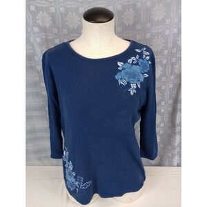 Karen Scott Women's Sweater Size Medium Blue Floral Knit Pullover Sweater